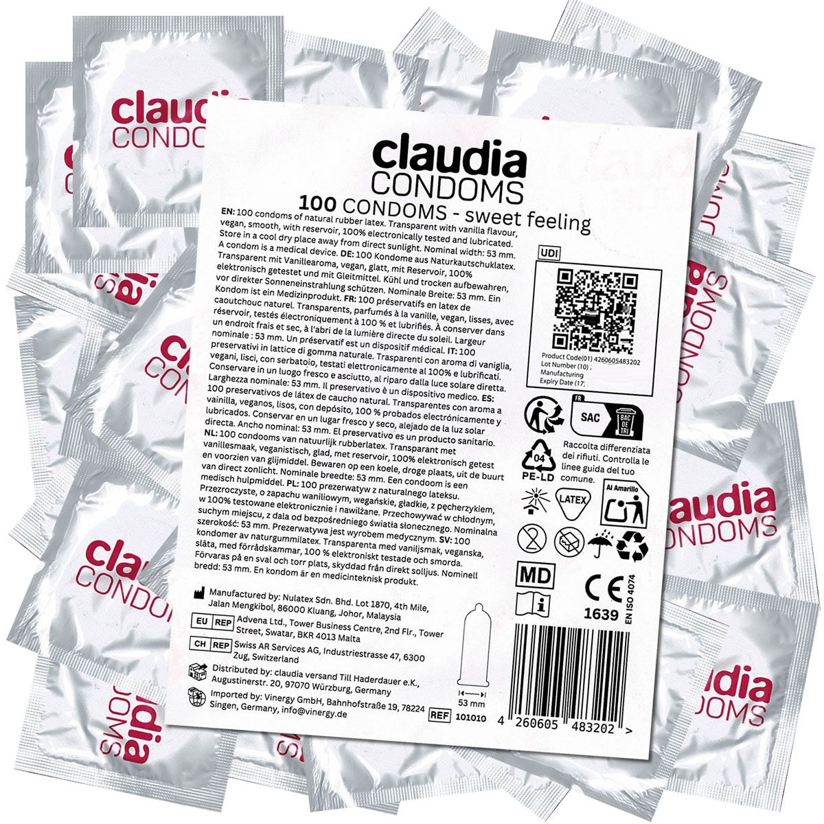 100 préservatifs Claudia, Sweet Feeling, transparents, parfum vanille, largeur 53mm.