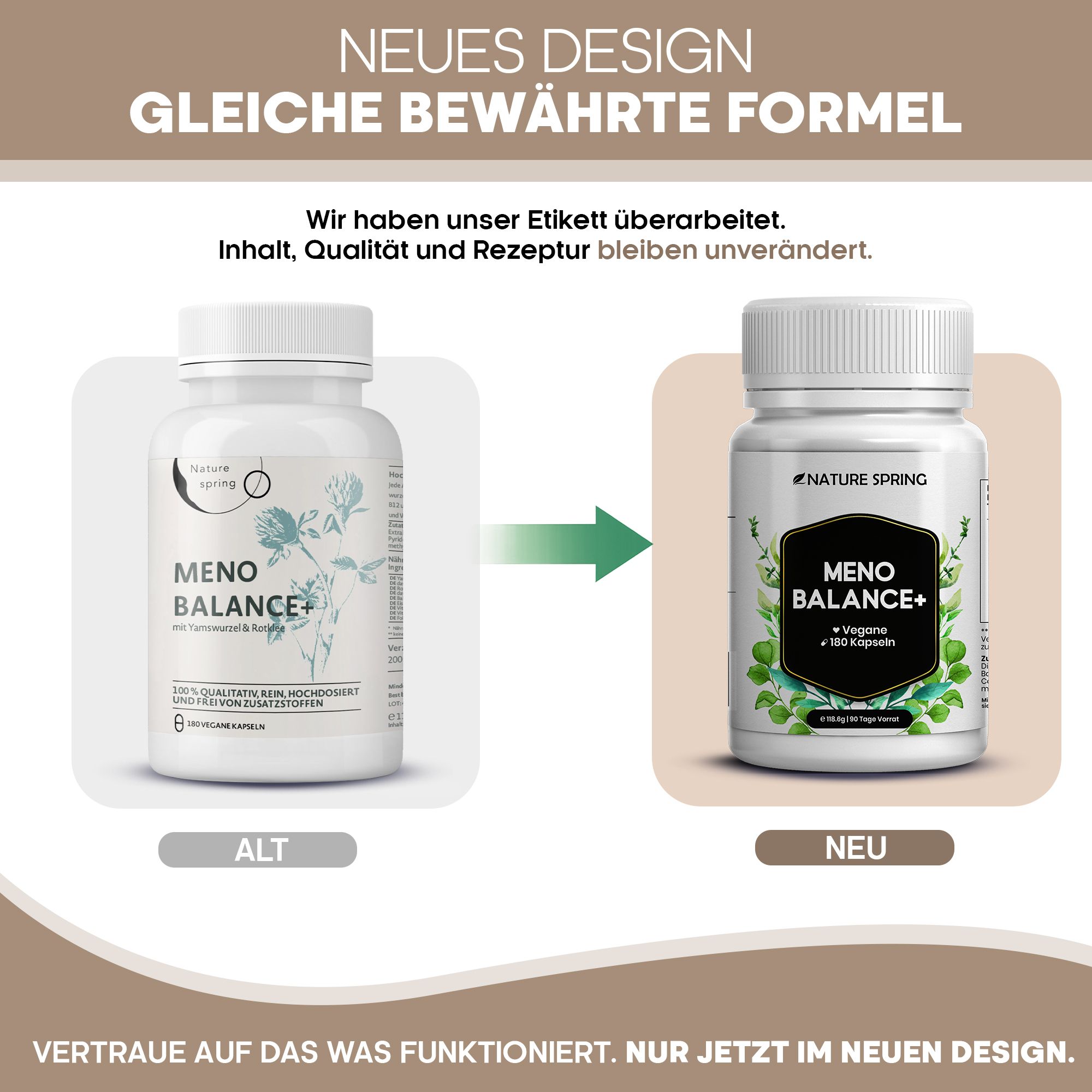 Comparaison : ancien et nouveau packaging des gélules Nature Spring Meno Balance+.