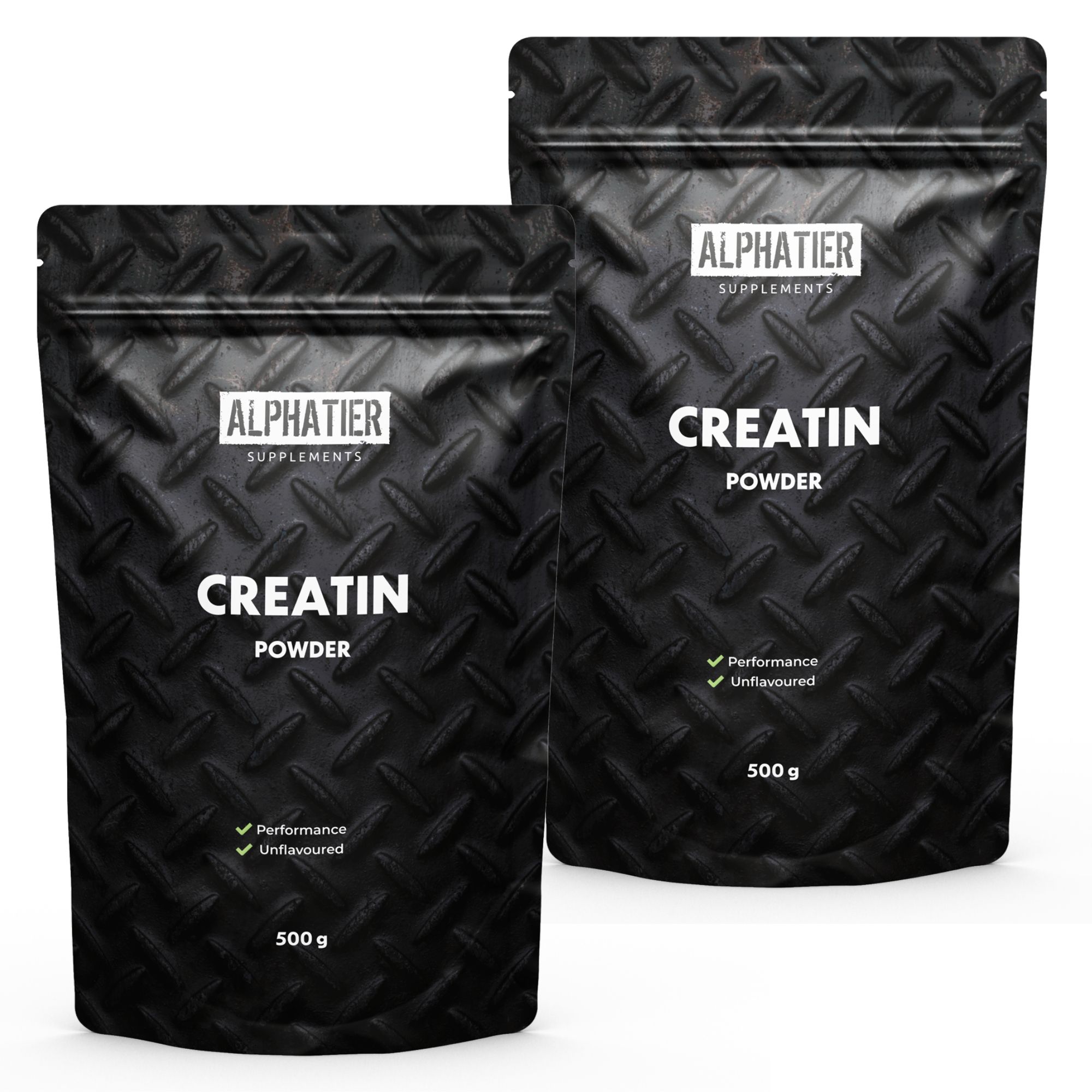 Deux sachets noirs avec Alphatier Creatin Powder. Inscription : Creatin Powder, 500 g, Performance, Unflavoured.