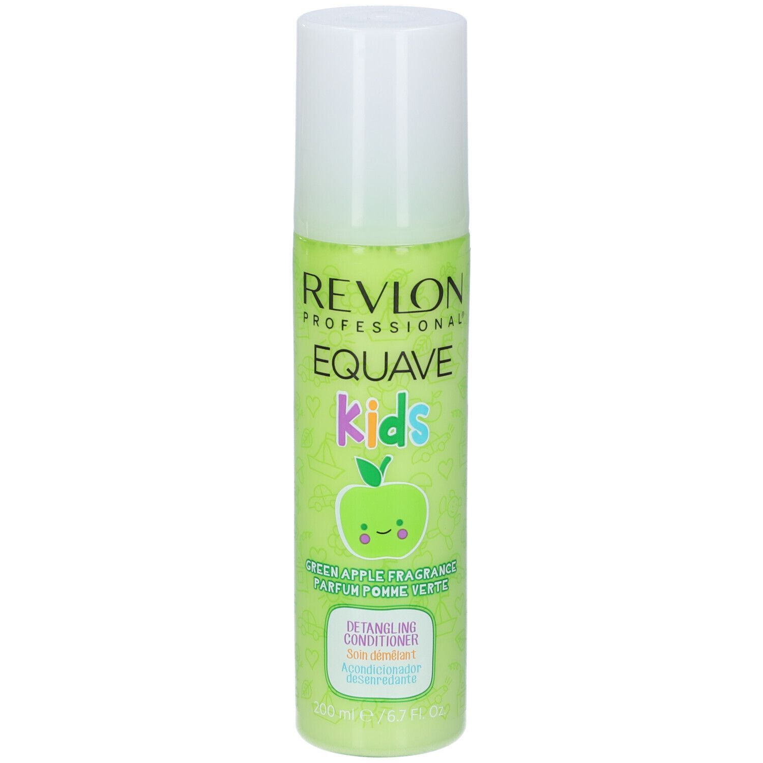 Flacon vert avec bouchon blanc. Texte: Revlon Professional Equave Kids. Démêlant.
