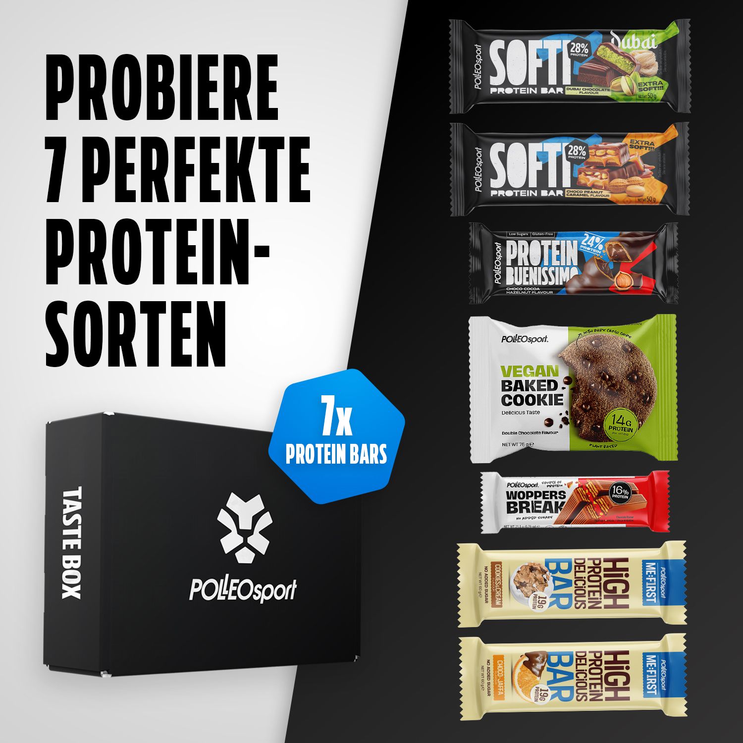 Zwarte doos met opschrift Taste Box en PolleoSport logo. 7 eiwitrepen, waaronder Vegan Baked Cookie, High Protein Bar. Blauwe stickers.