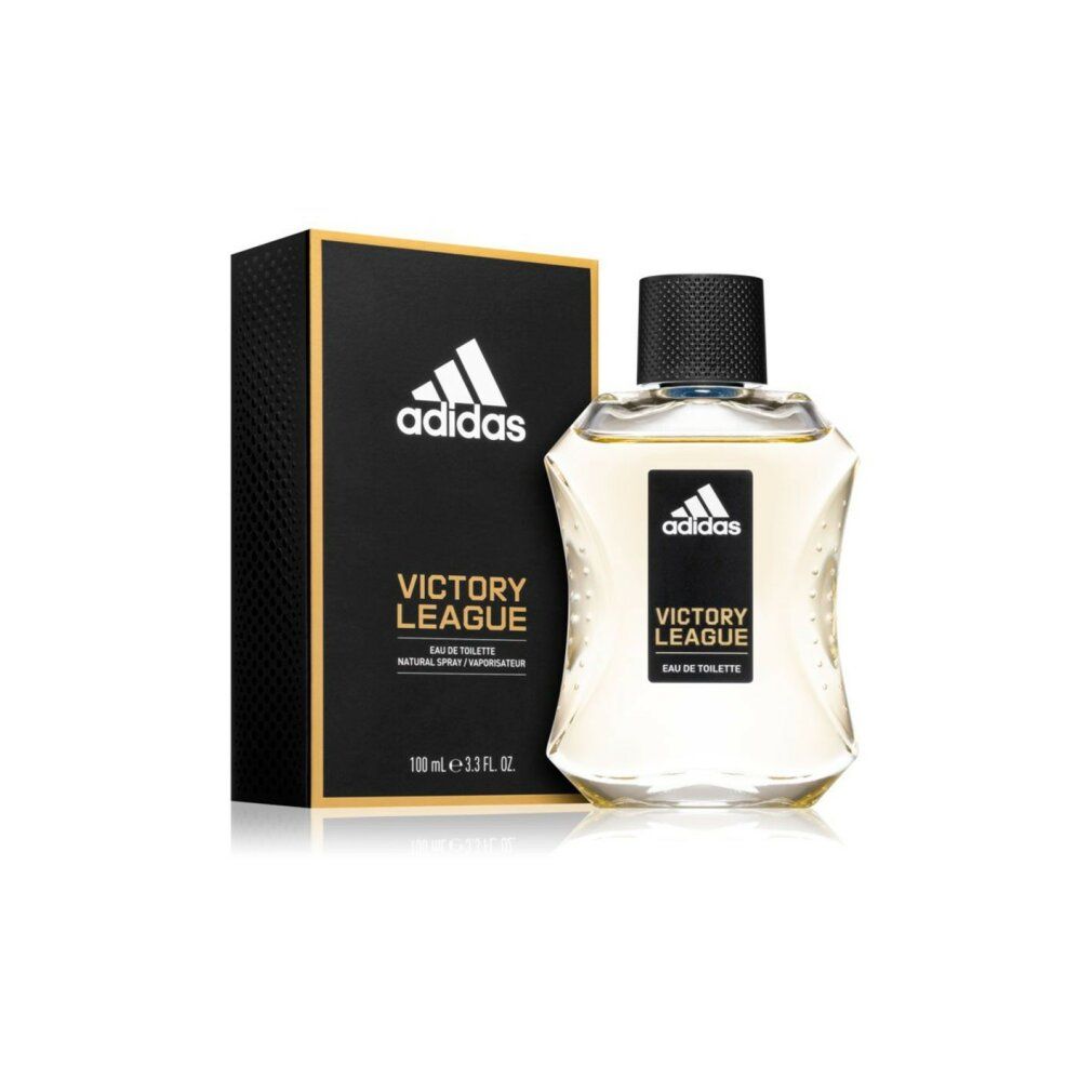 Flacon et boîte Adidas Victory League. Boîte noire avec détails dorés. Flacon avec bouchon noir.