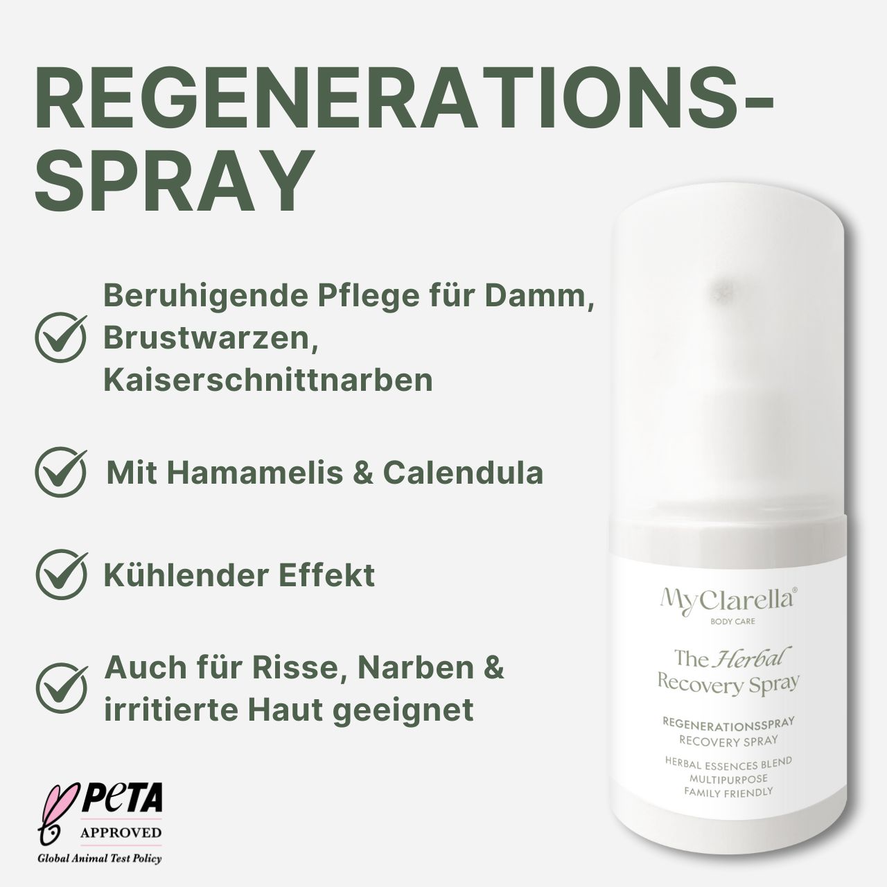 Regeneratiespray in witte spuitfles. Tekst: Verzachtende verzorging, met Hamamelis & Calendula, verkoelend effect. PETA-logo.