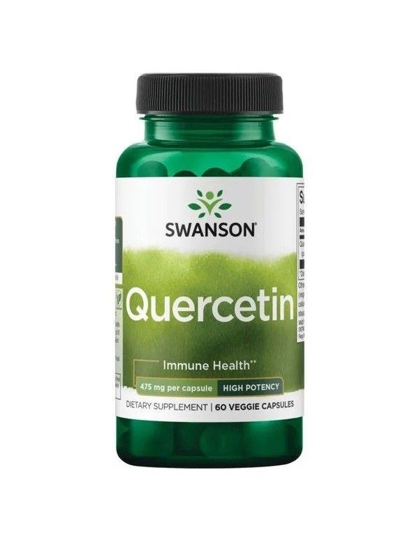 Bouteille verte de gélules de Quercétine Swanson, 475 mg par gélule, 60 gélules végétales.