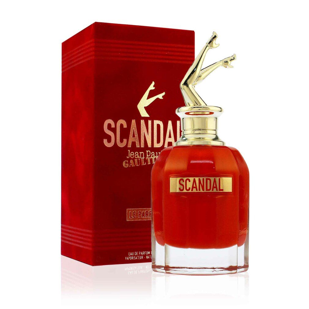 Flacon rouge, bouchon doré, emballage rouge. Inscription SCANDAL et LE PARFUM.
