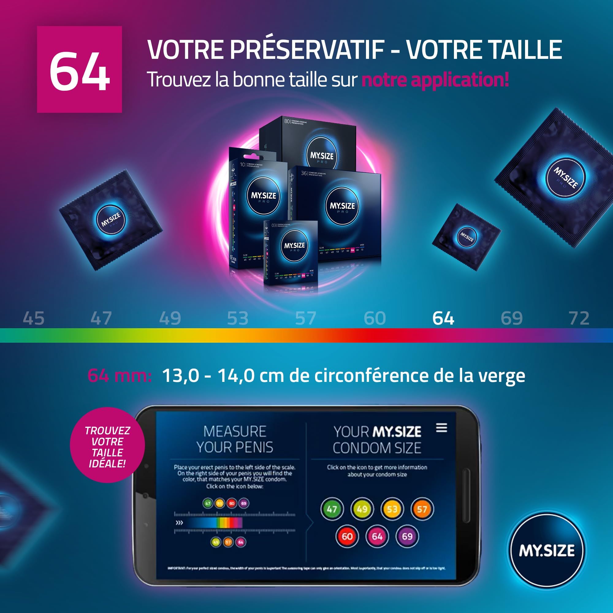 My.Size préservatif bleu 64mm : Très fin, latex Vyttex, sans odeur, durable, vegan, non testé sur animaux.
