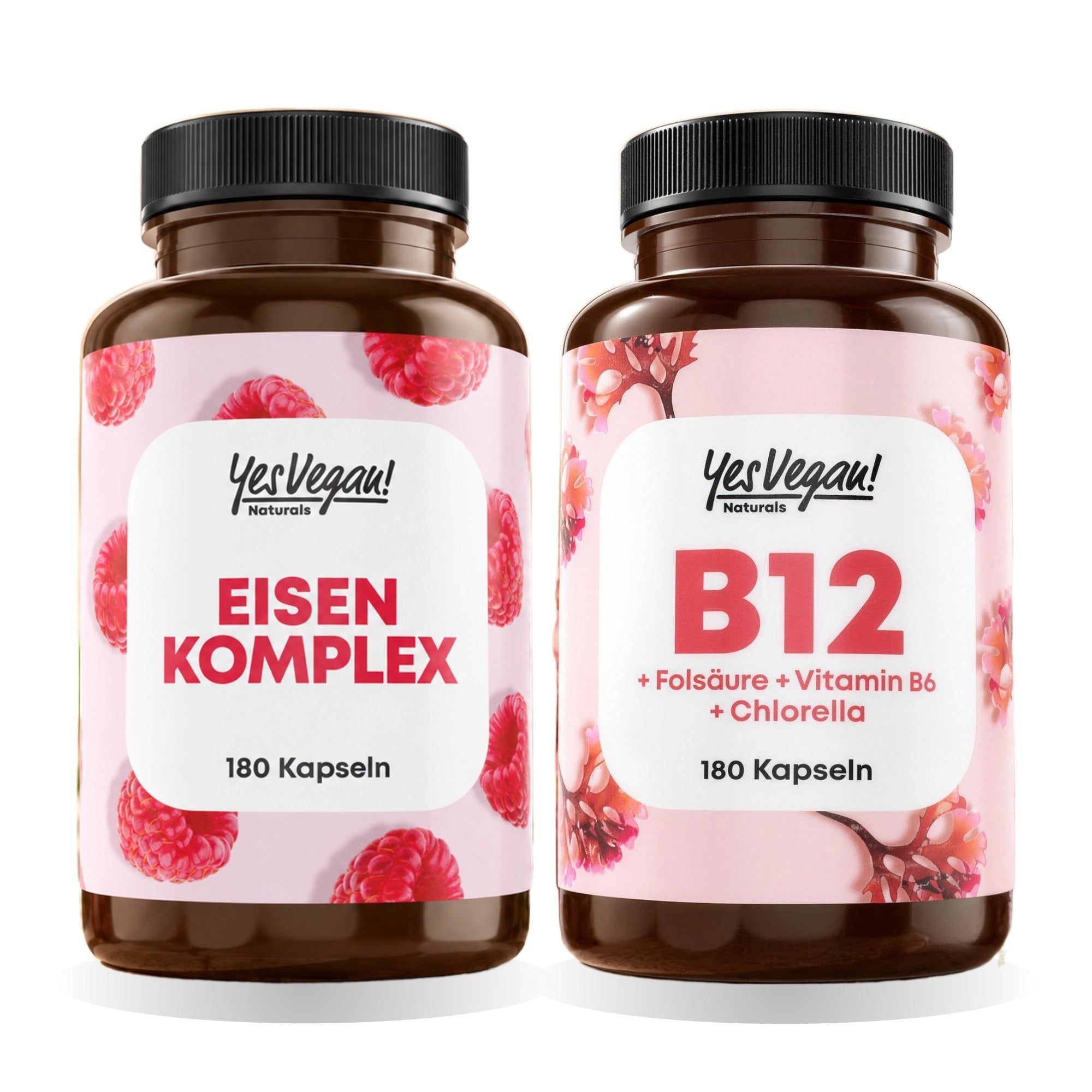 Deux bouteilles de compléments alimentaires : Complexe de Fer (180 gélules) et B12 avec Chlorella (180 gélules).