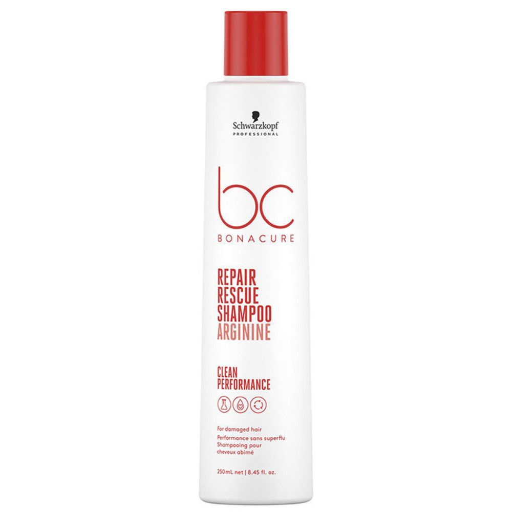 Witte shampoo met rode dop. Opschrift: BC Bonacure Repair Rescue Shampoo Arginine. Voor beschadigd haar.