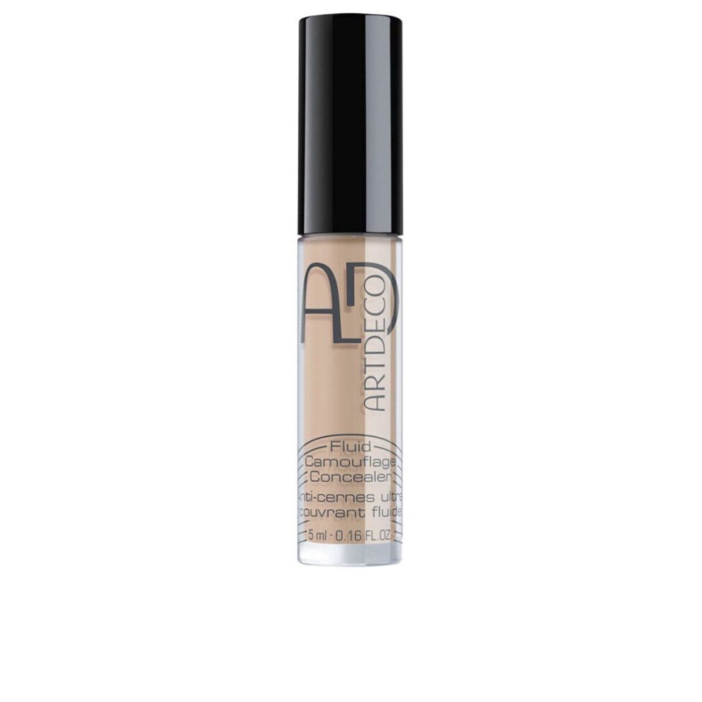 Artdeco Concealer Fluid. Fles met zwarte dop. Opschrift: Fluid Camouflage Concealer. Kleur: Peach Medium.