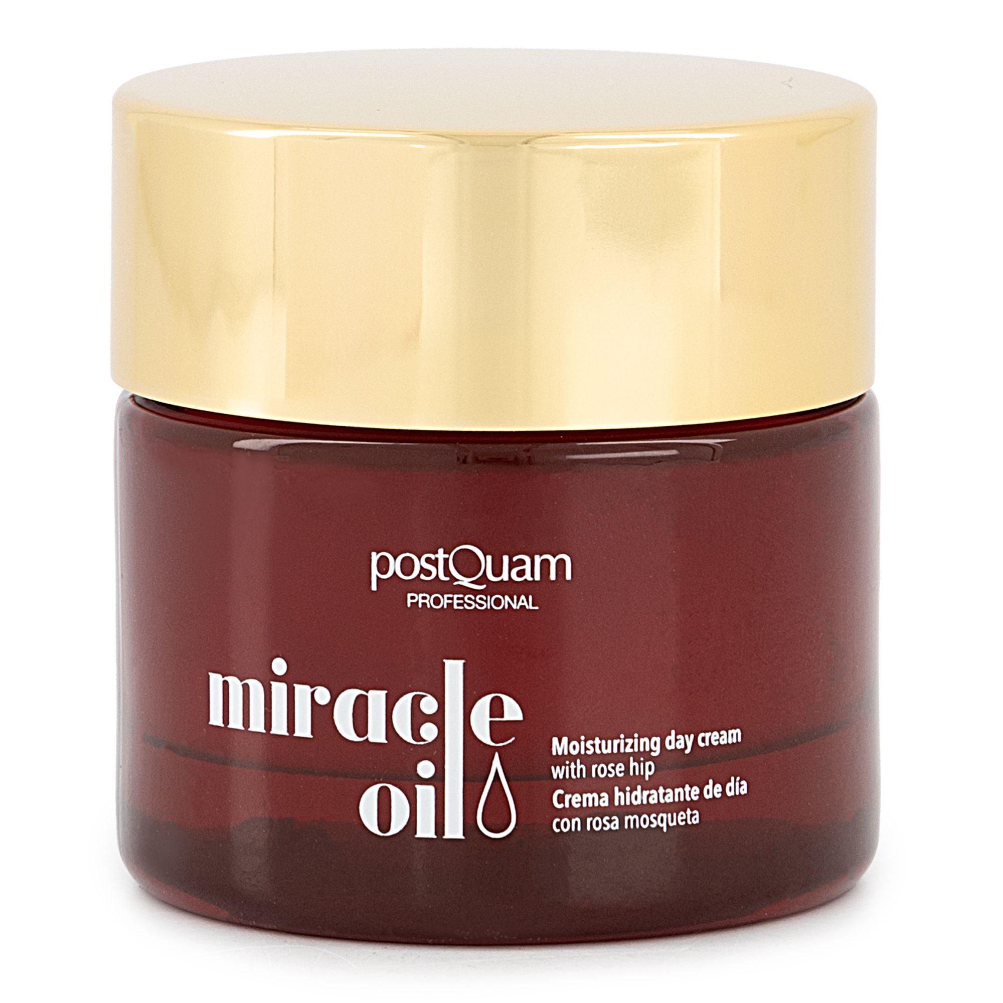 Bruine crèmepot met gouden deksel. Opschrift: Postquam Professional, Miracle Oil. Tekst: Moisturizing day cream with rose hip.
