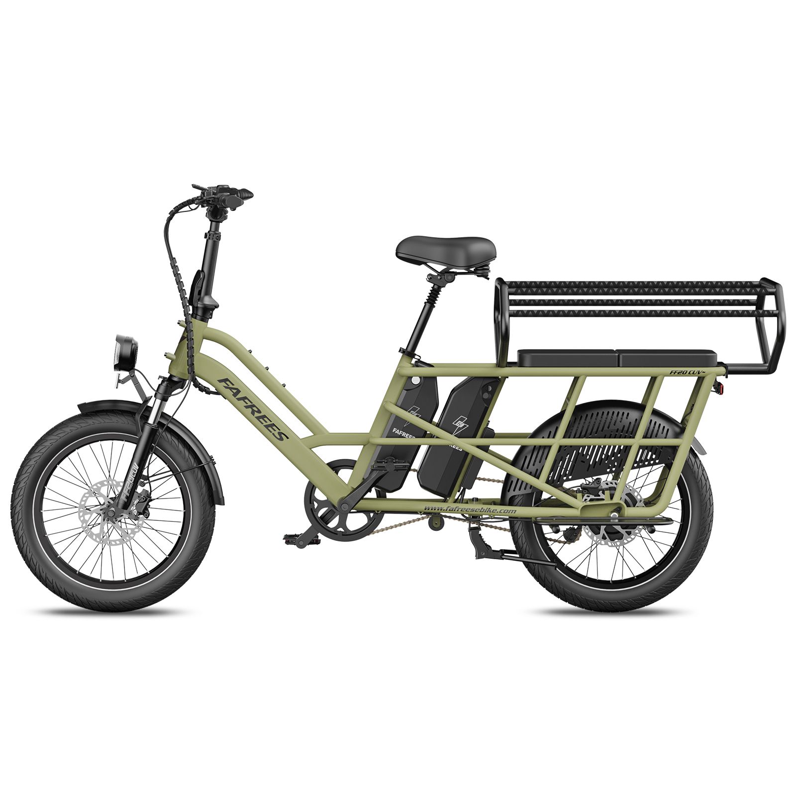 Vélo cargo électrique vert avec deux batteries, vu de l'avant gauche.