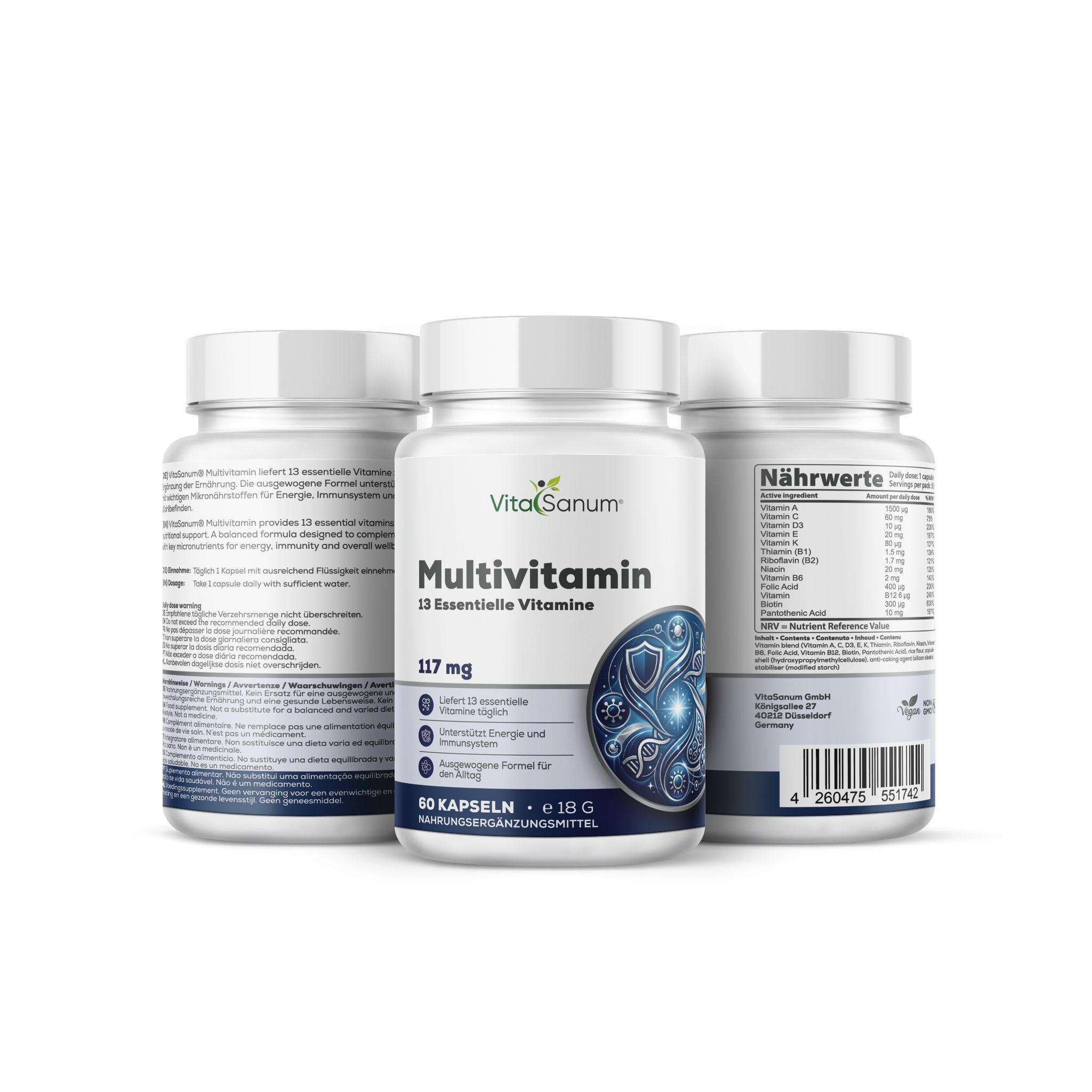 VitaSanum Multivitamine: Drie potten met elk 60 vegan capsules, 13 essentiële vitamines.