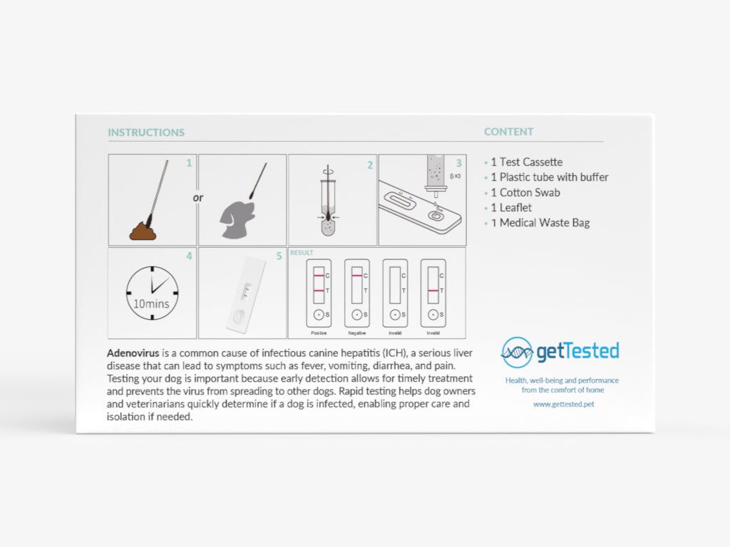 Boîte avec illustrations et texte. Contient cassette de test, tube plastique, écouvillon, notice et sac de déchets médicaux.