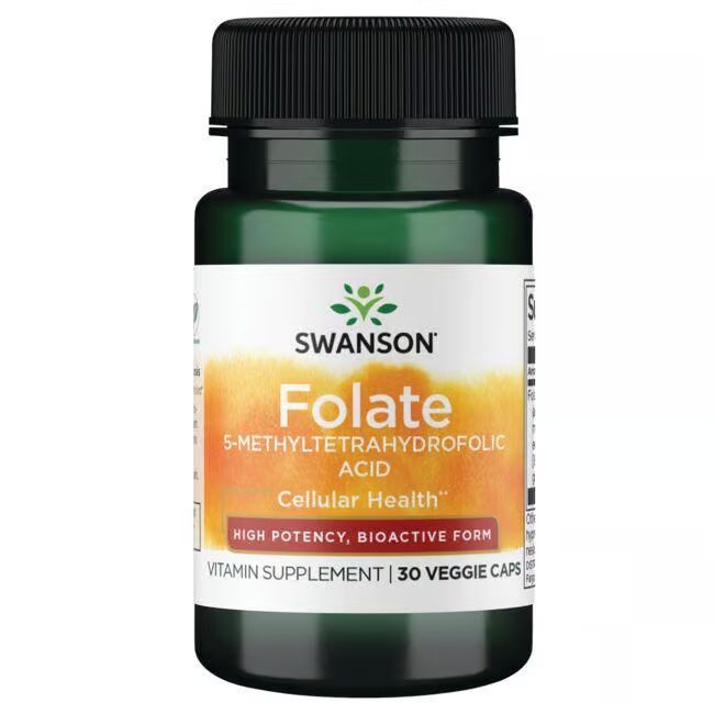 Groene fles met zwarte dop. Label met "SWANSON", "Folate", "Cellular Health" en "30 Veggie Caps".
