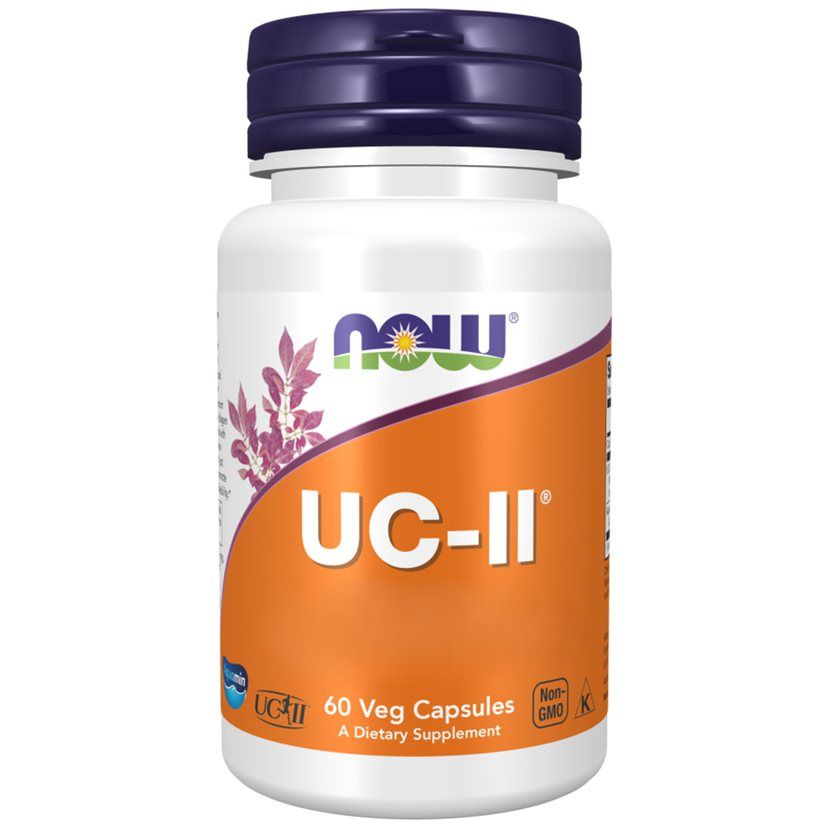 Witte fles met paarse dop. Oranje etiket met "NOW" en "UC-II". Bevat 60 capsules.