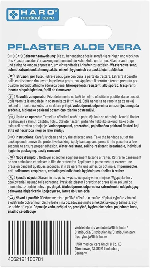 Dos de l'emballage des pansements Haro à l'aloe vera. Contient des instructions multilingues et des informations sur le fabricant.