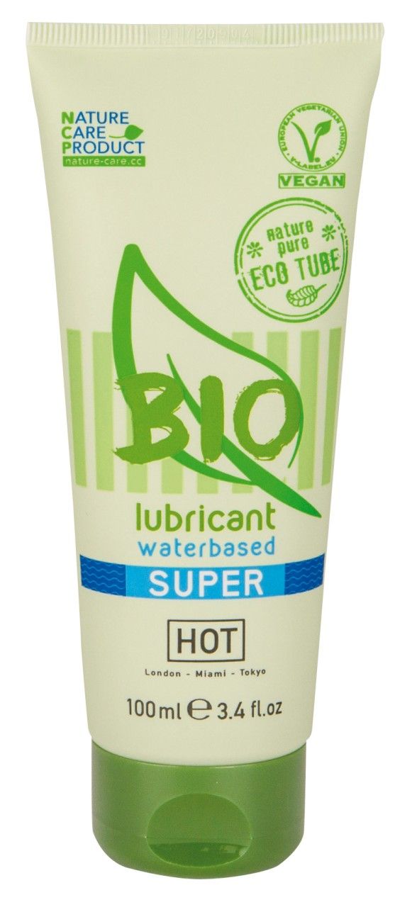 HOT Bio Super glijmiddel tube, waterbasis, met 'Eco Tube' aanduiding en Vegan-keurmerk.