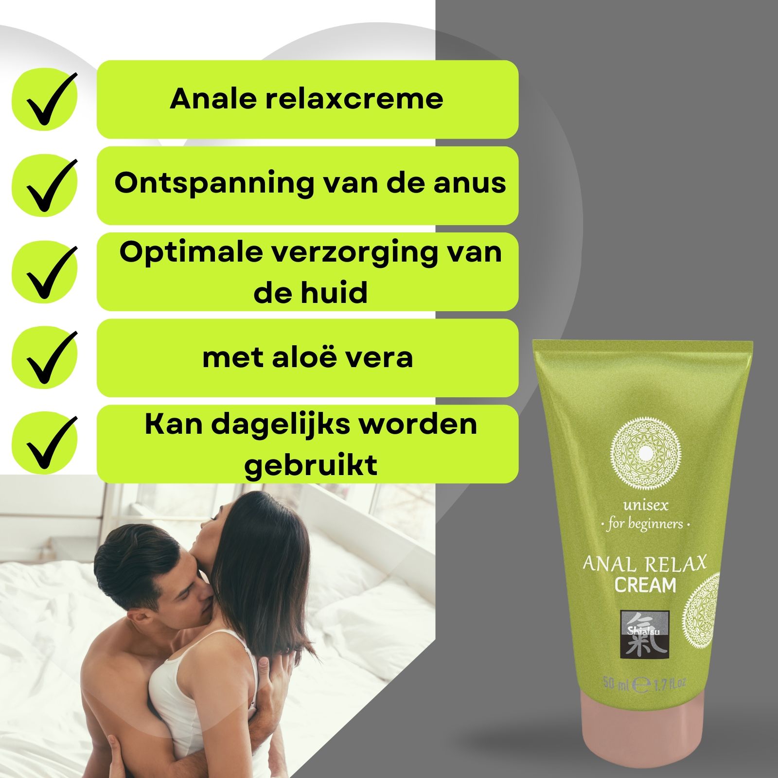 Groene tube en doos. Tekst: ANAL RELAX CREAM, unisex for beginners. Logo. Roze dop. 50 ml. Paar op de achtergrond.