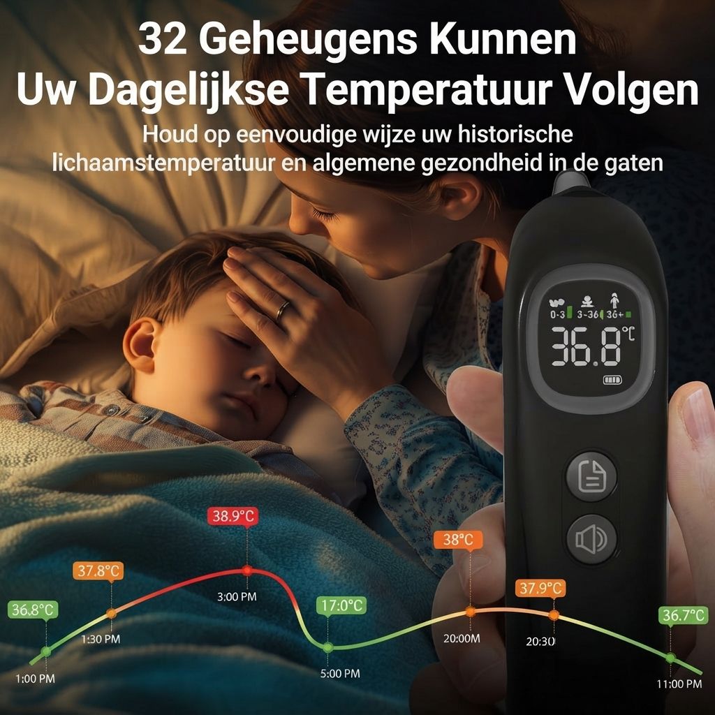 Digitale thermometer met temperatuurweergave en trendgrafiek. Moeder meet temperatuur van ziek kind.