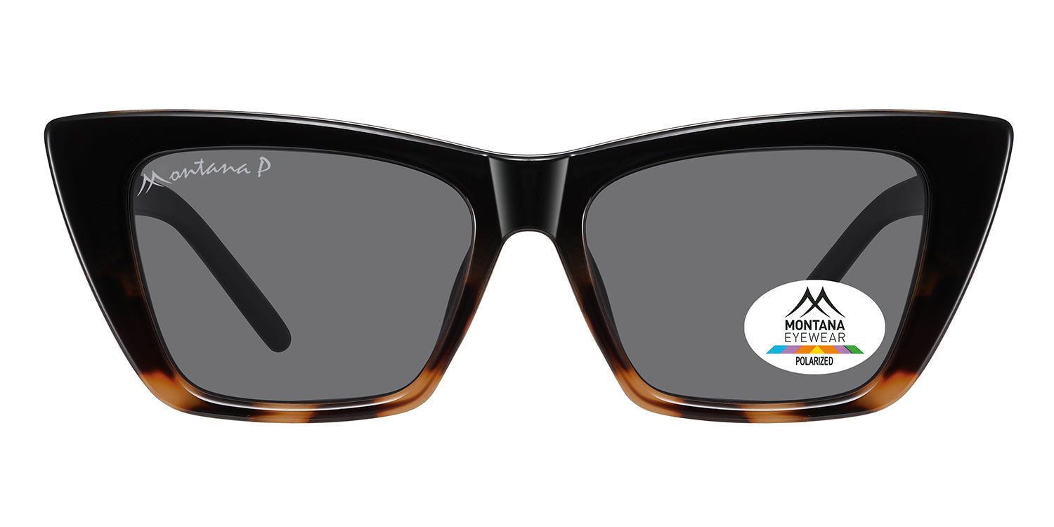 Lunettes de soleil noires et marron. Verres gris. Logo Montana Eyewear et autocollant Polarized.