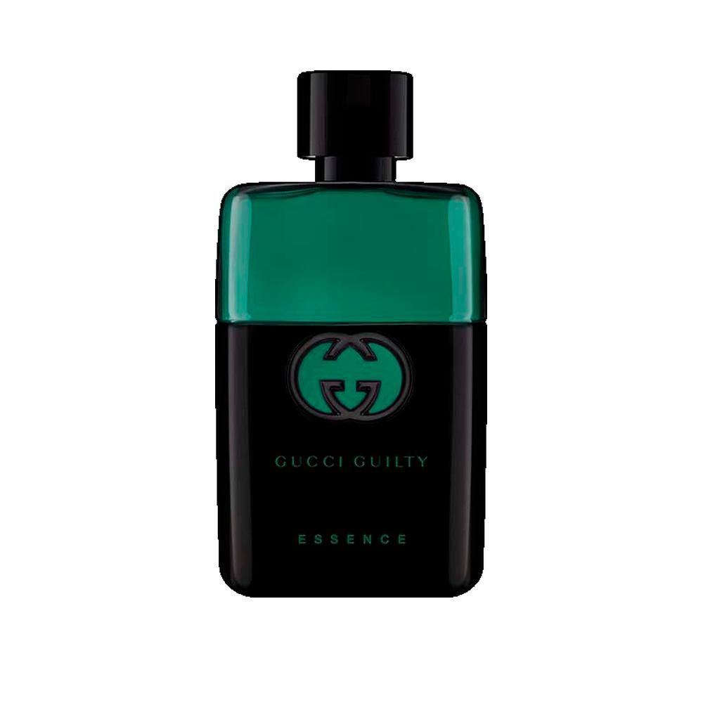 Zwarte fles met groene dop. Gucci-logo en tekst "Gucci Guilty Essence" zichtbaar.