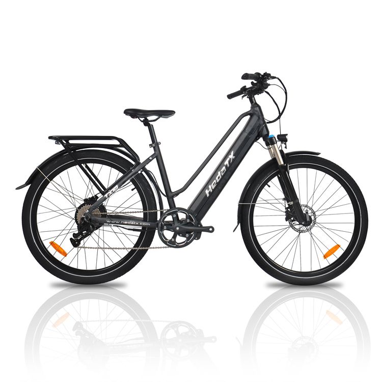 Zwarte e-bike HedaTX TX10, zijaanzicht. Bagagedrager, spatborden. Witte achtergrond.