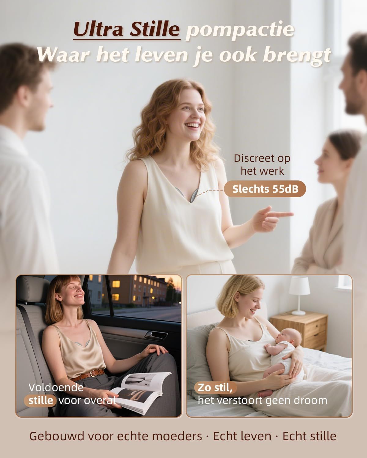 Vrouw lacht tijdens gesprek met collega's. Tekst: "Ultra Stille pompactie".