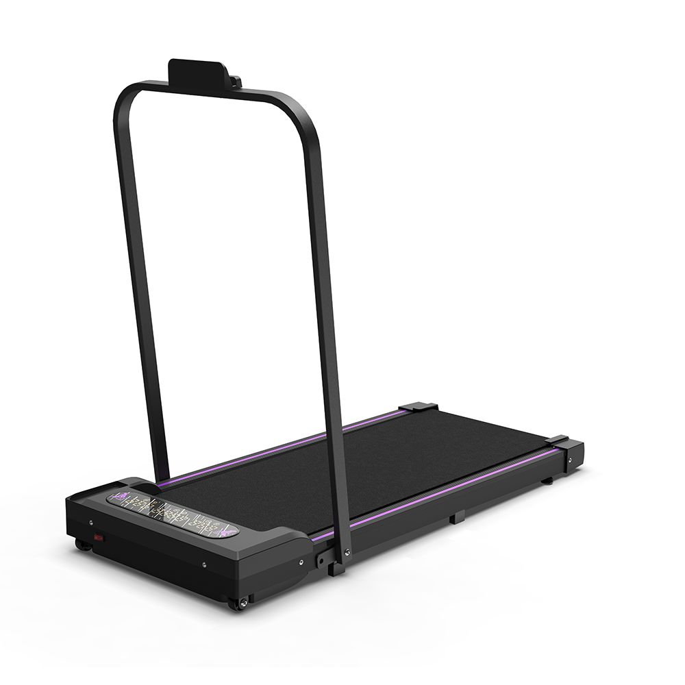 Zwart, opvouwbaar loopband met LED-display en handgreep. Schuin aanzicht, handgreep omhoog.