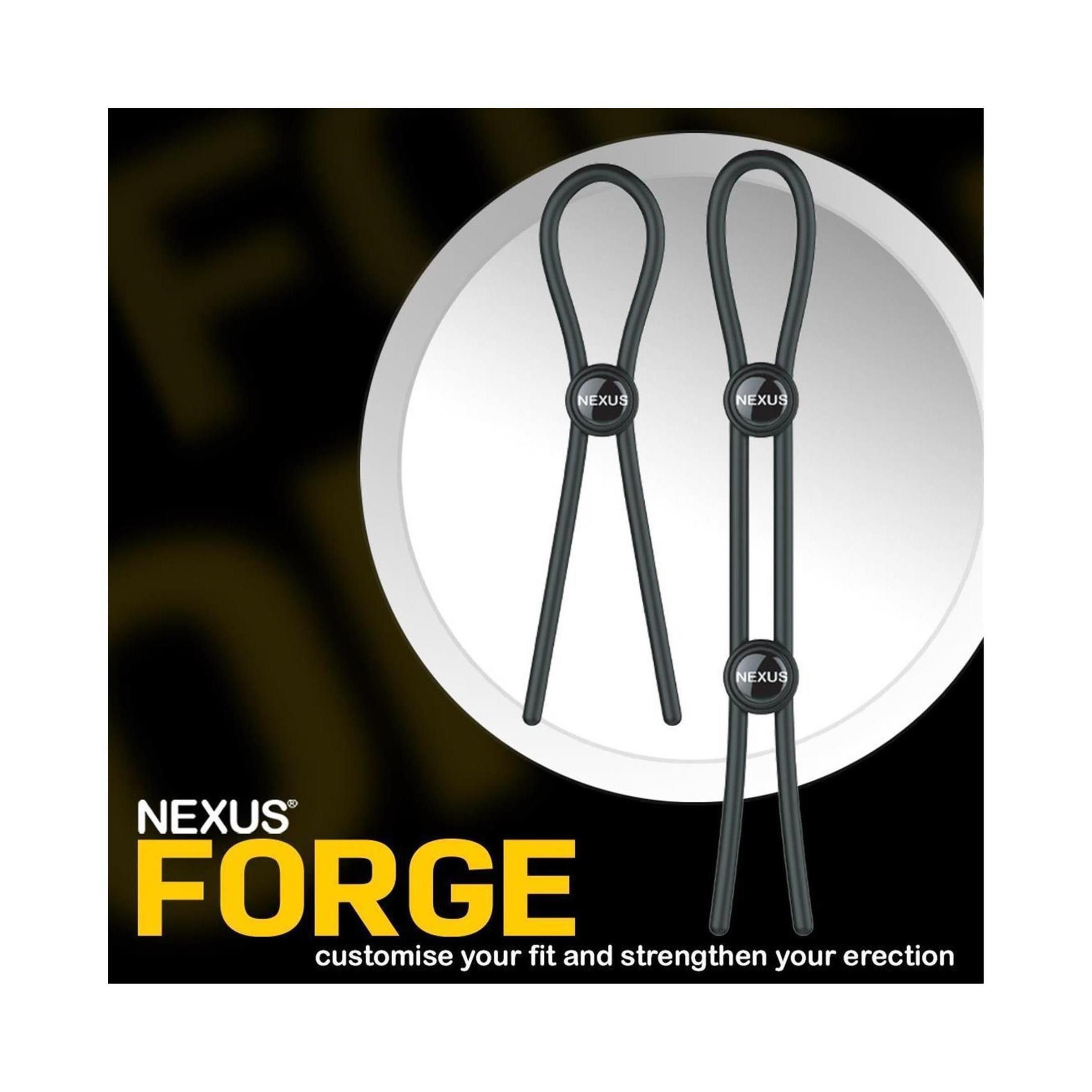 Image produit avec logo Nexus Forge. Deux anneaux péniens doubles réglables noirs. Texte : « customise your fit and strengthen your erection ».