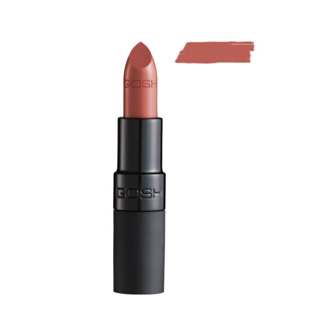 Rouge à lèvres Gosh teinte Matt Cinnamon avec échantillon de couleur.