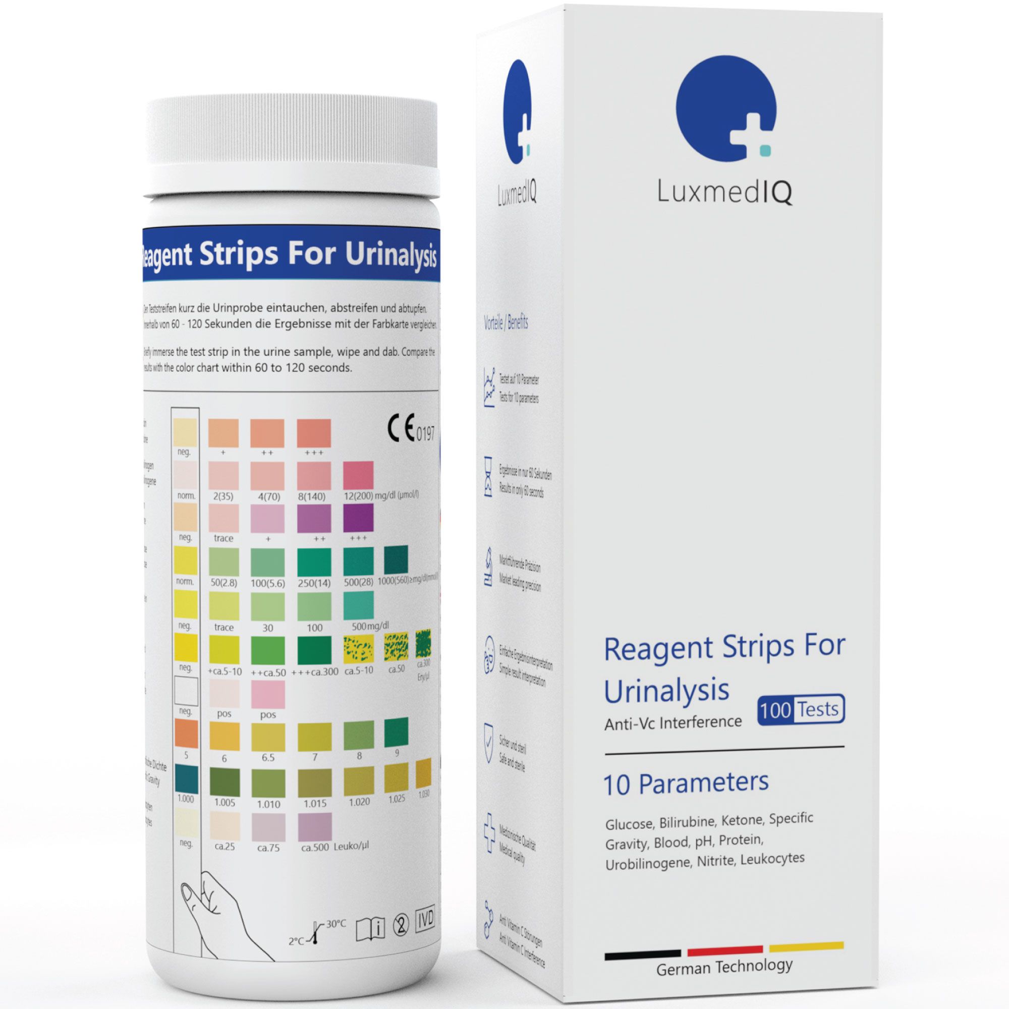 Verpakking en flesje teststrips. Opschrift: Reagent Strips For Urinalysis, 10 parameters, 100 tests. CE-markering.