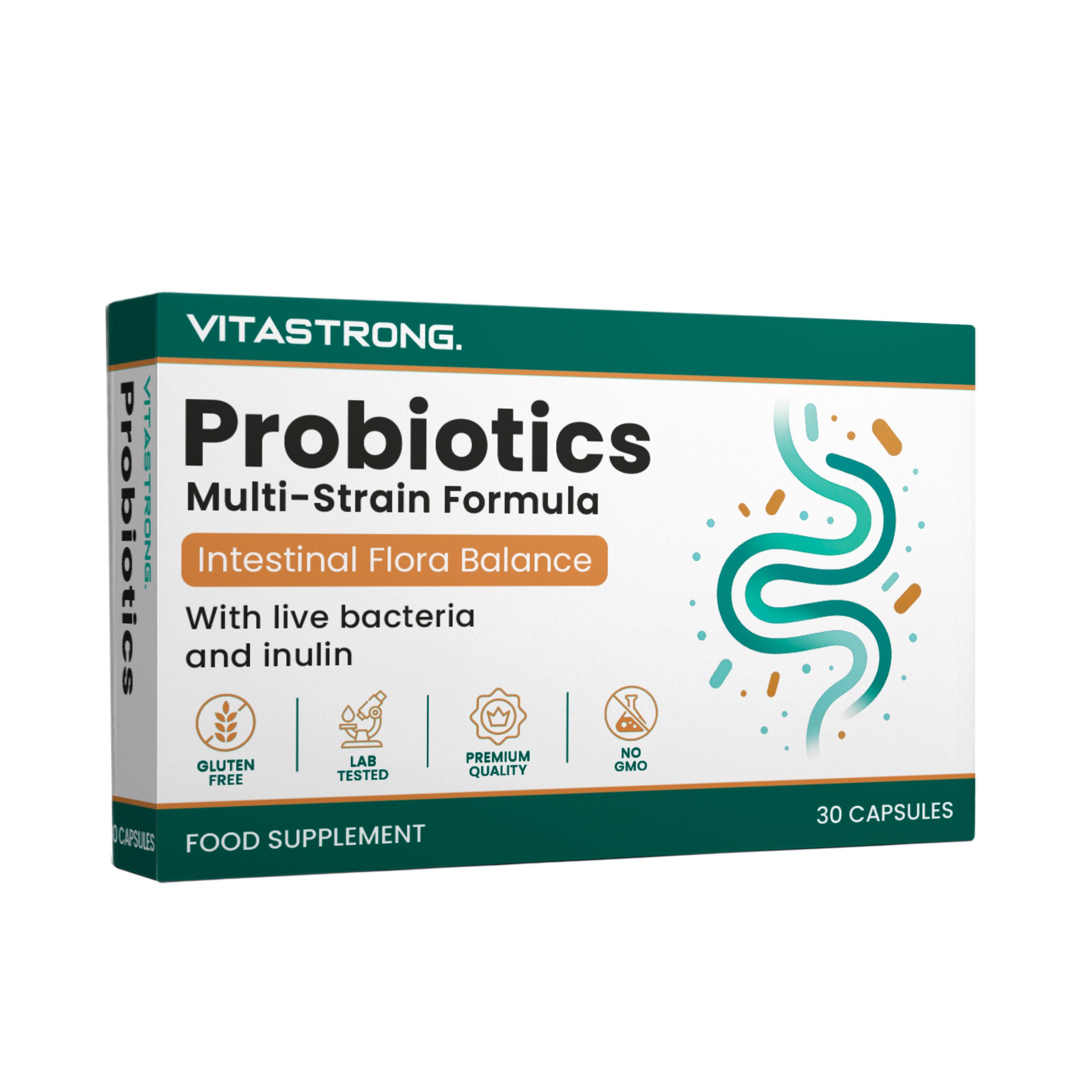 Vitastrong Probiotics verpakking. Multi-Strain Formula. Intestinal Flora Balance. Met levende bacteriën en inuline. 30 capsules.