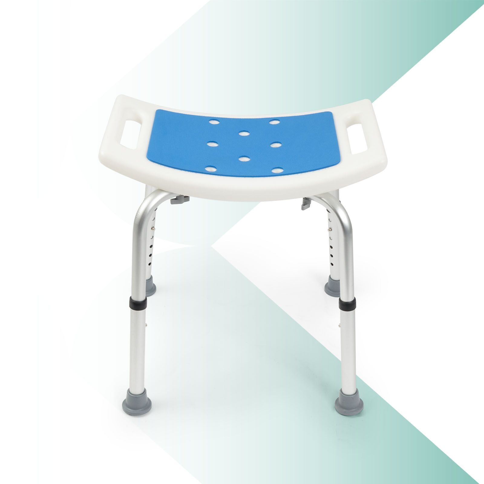 Tabouret de douche blanc et bleu, trous dans l'assise. Pieds réglables en hauteur, embouts caoutchouc.