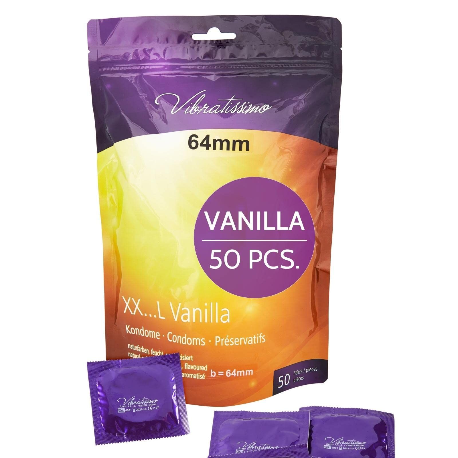 Préservatifs Vibratissimo en différentes tailles : 47mm à 69mm.