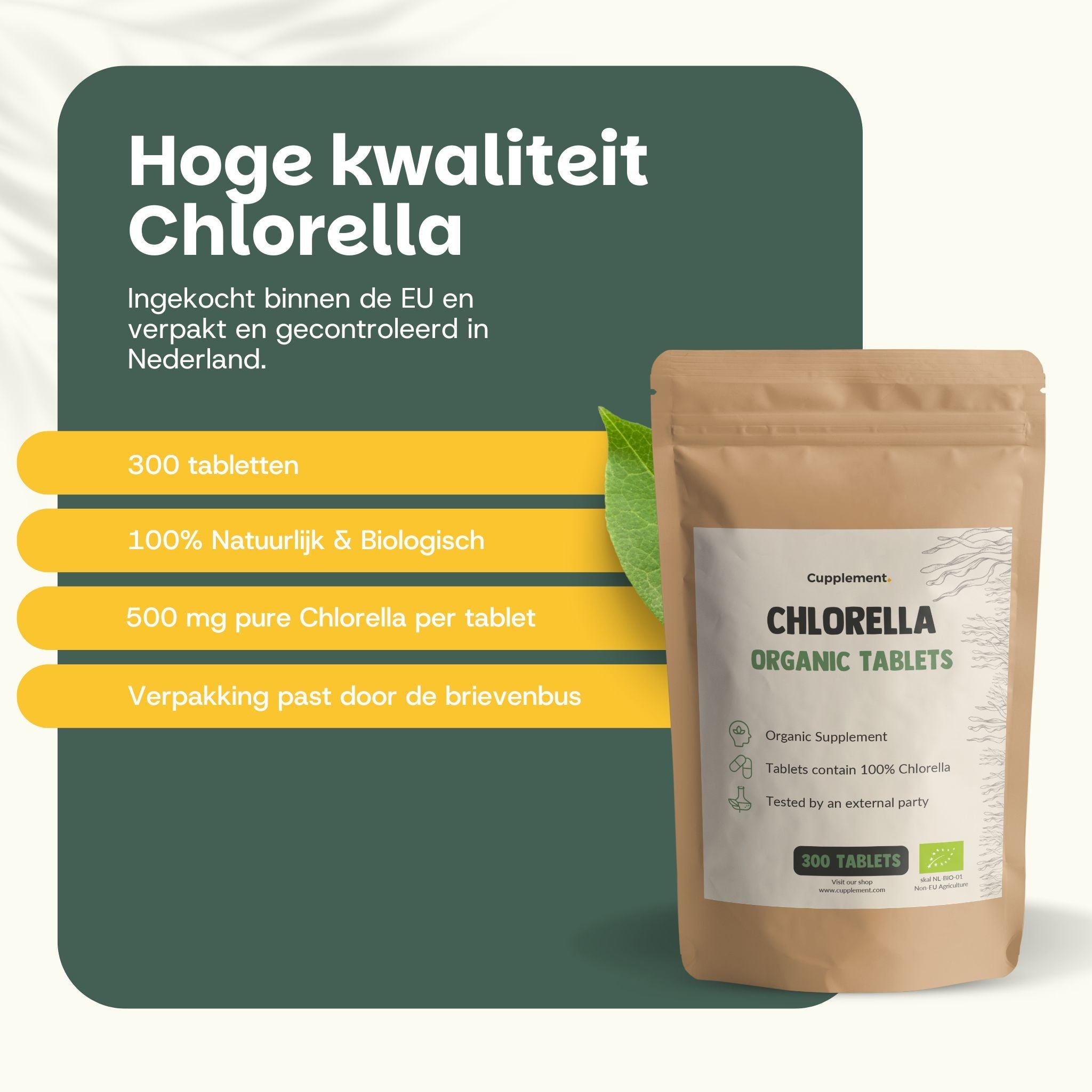 Zakje met Chlorella Organic Tablets. Tekst: Hoogwaardige Chlorella, 300 tabletten, 100% natuurlijk & biologisch, 500 mg.