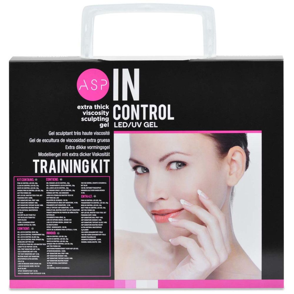 Zwarte doos met handvat. Opschrift ASP IN CONTROL TRAINING KIT. Afbeelding van een vrouw.