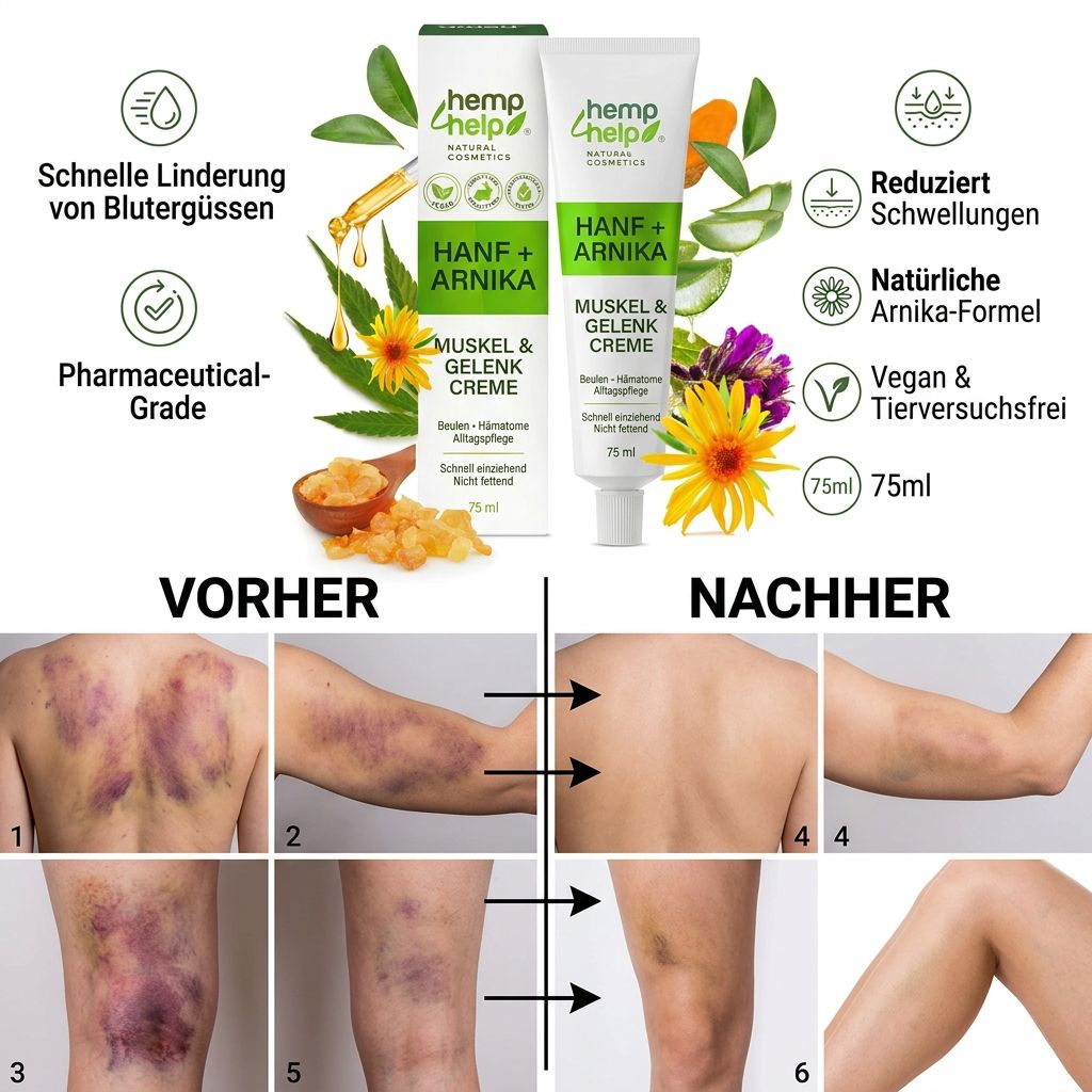 Twee tubes hennep & arnica crème, 75ml. Illustraties van henneptakken, bloemen en ingrediënten. Teksten: snel, vermindert zwelling, veganistisch.