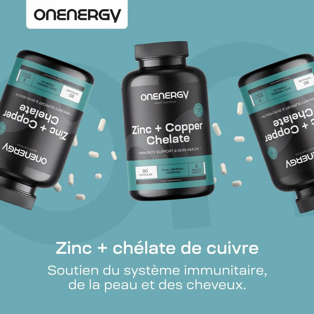 Trois bouteilles Zinc + Chélate de Cuivre. Pour système immunitaire, peau et cheveux.