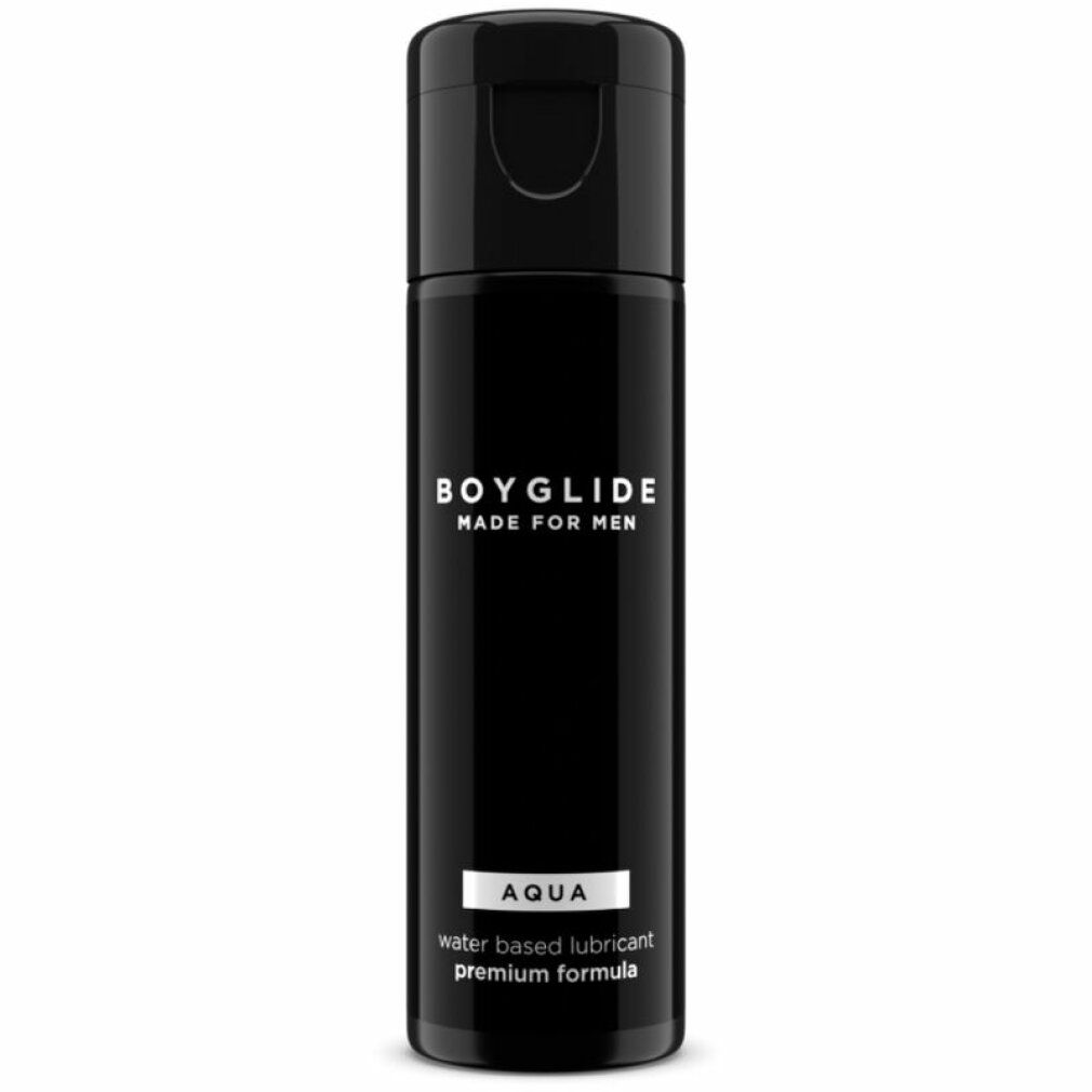 Flacon noir avec bouchon rabattable. Inscription: BOYGLIDE MADE FOR MEN, AQUA, water based lubricant, premium formula.