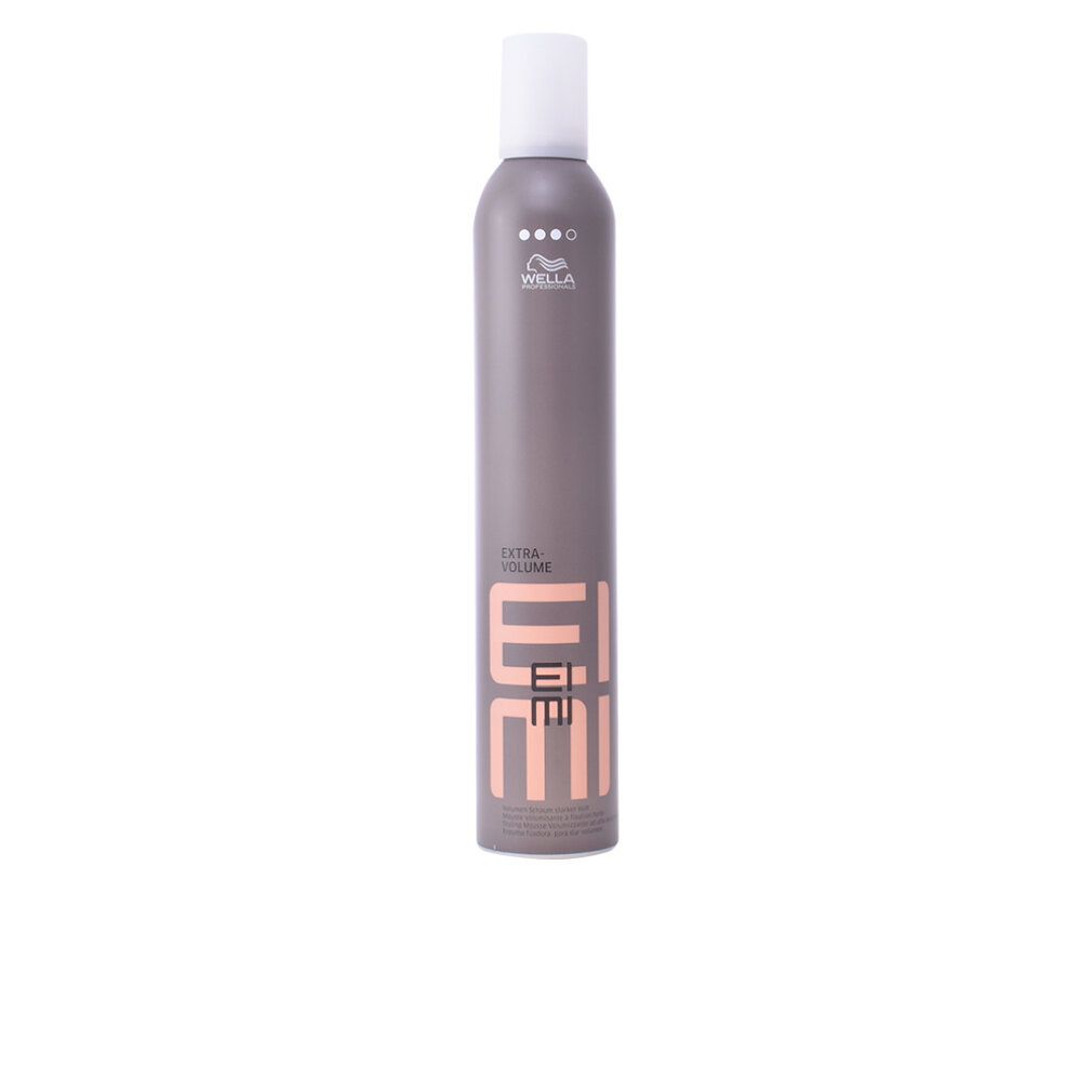 Bouteille de mousse Wella Eimi Extra Volume avec bouchon blanc. Récipient gris avec lettrage rose.