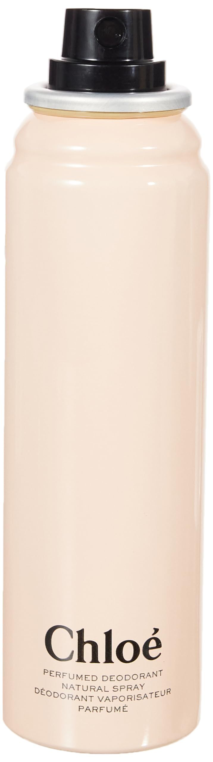 Vaporisateur de déodorant rose clair avec logo Chloe noir. Le bouchon est noir.