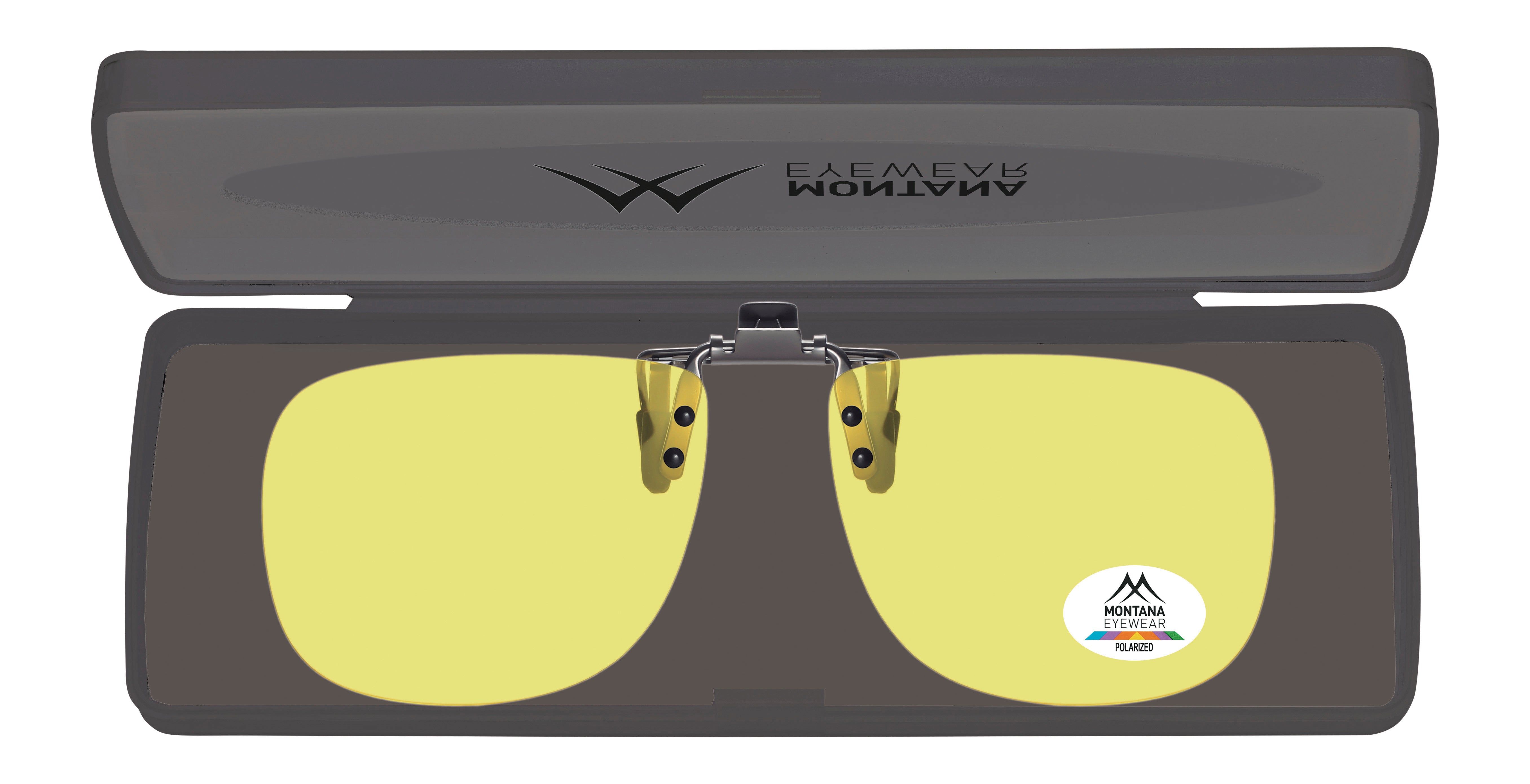 Lunettes de soleil clip-on Montana Eyewear Mauritius dans un étui. Verres jaunes, clip métal, logo Polarized.