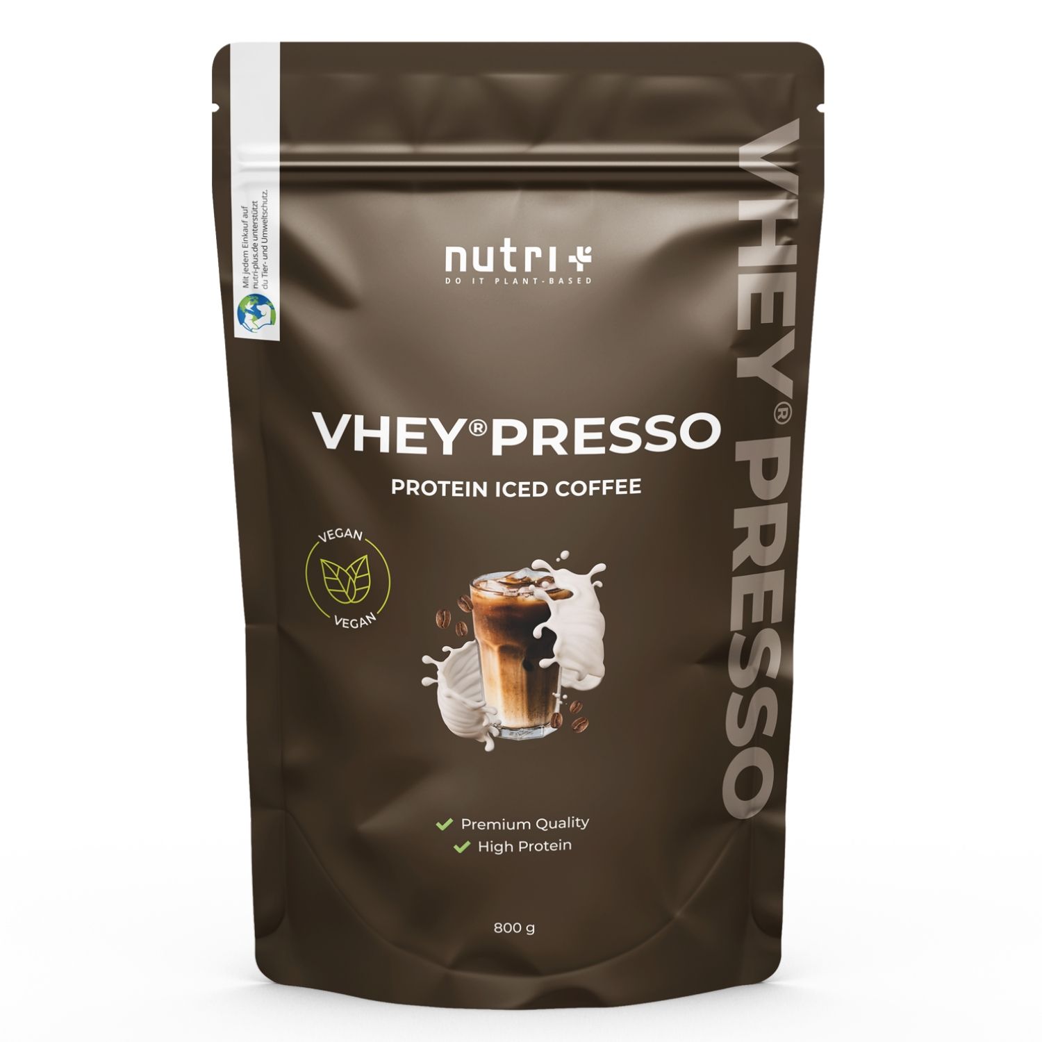 Bruine zak met 'VHEY®PRESSO'. Vegan, proteïne iced coffee. 800g. Premium kwaliteit, hoog eiwitgehalte.