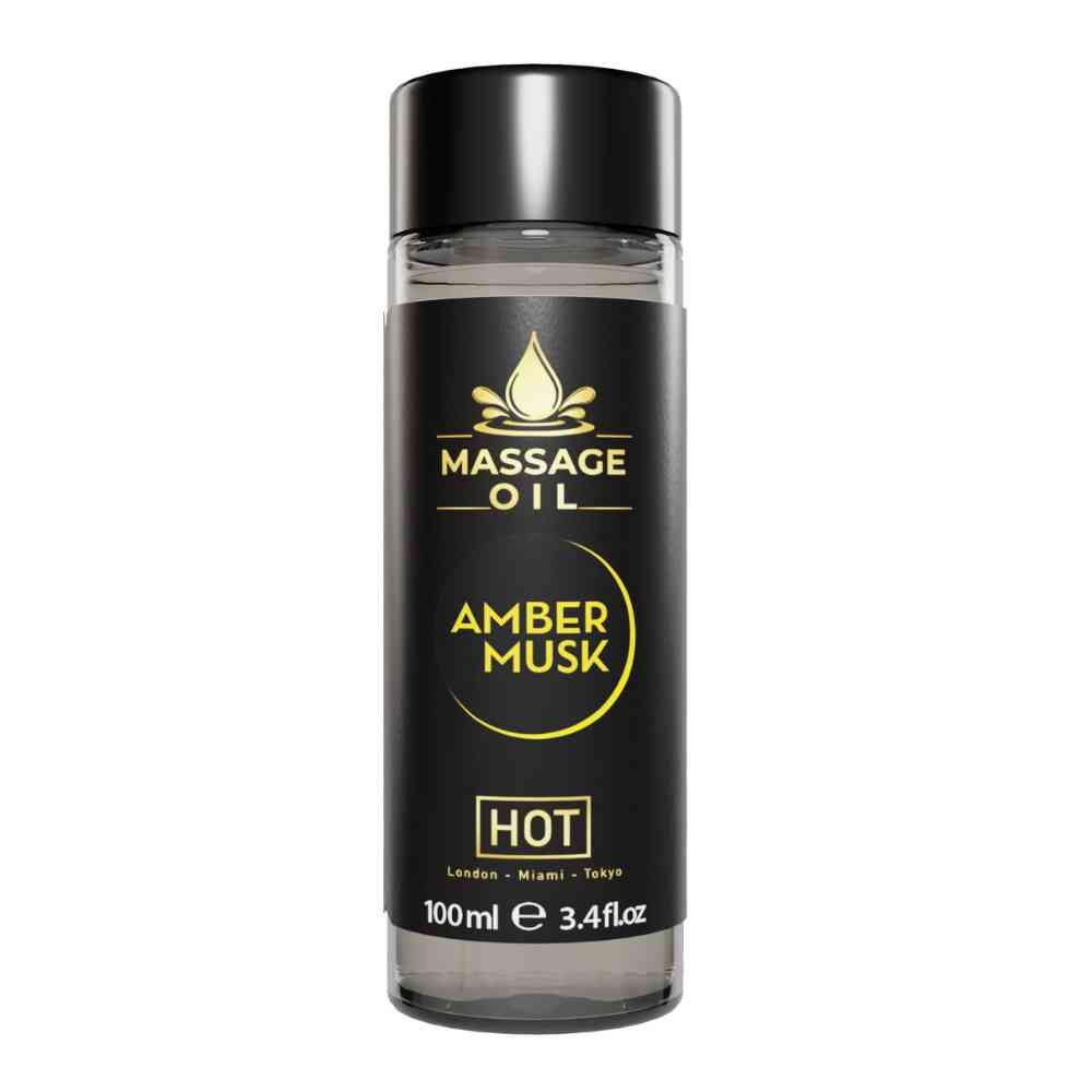 Cilindrische fles, zwarte dop. Opschrift: MASSAGE OIL AMBER MUSK. Onder: HOT, 100ml.