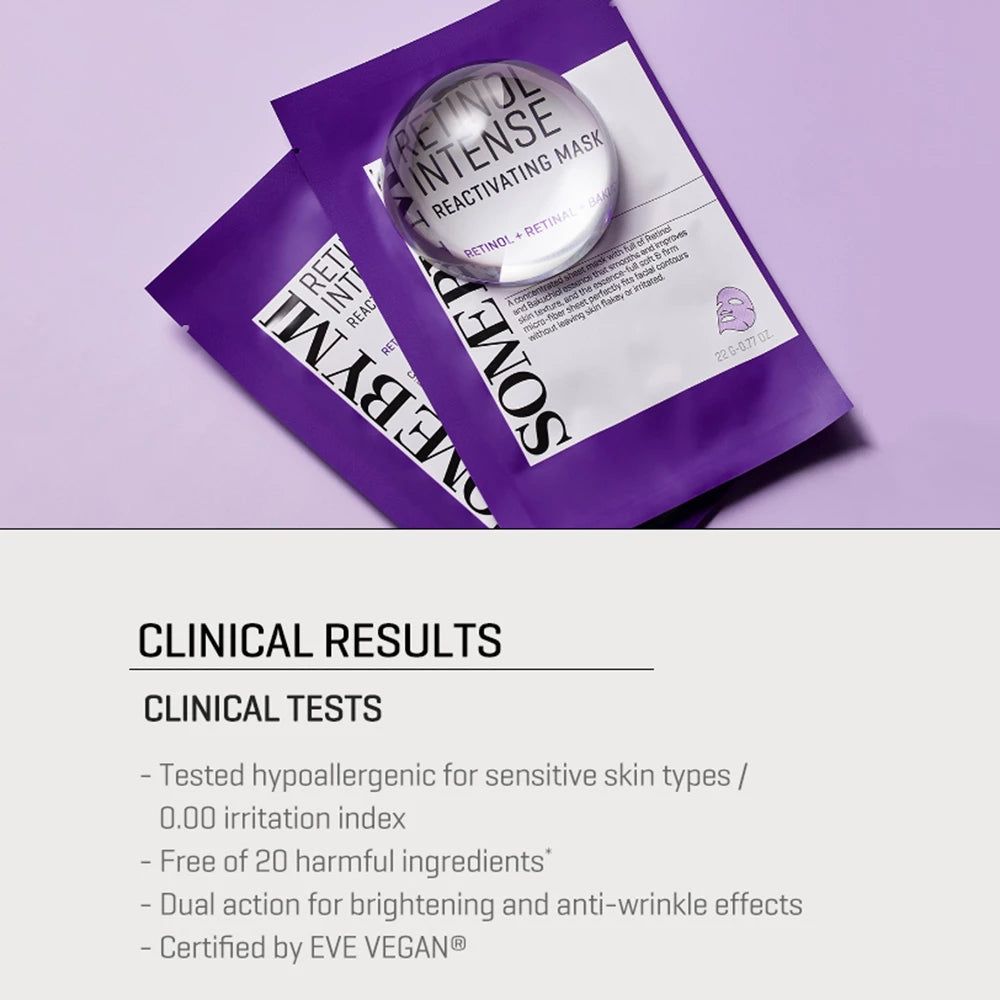 Deux emballages de masque facial au rétinol et bakuchiol, avec résultats cliniques et certification EVE VEGAN.