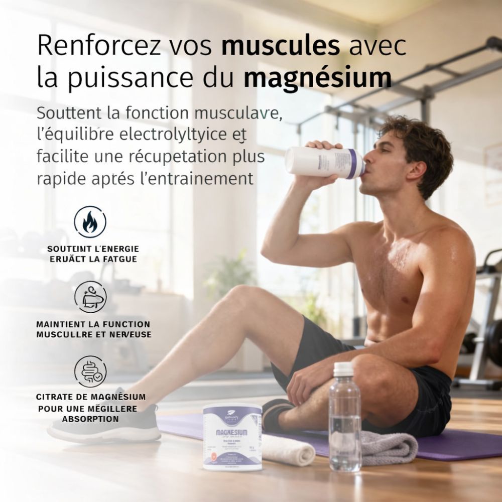 Homme buvant d'une bouteille. Boîte de magnésium, serviette. Texte: Renforcez vos muscles avec la puissance du magnésium.