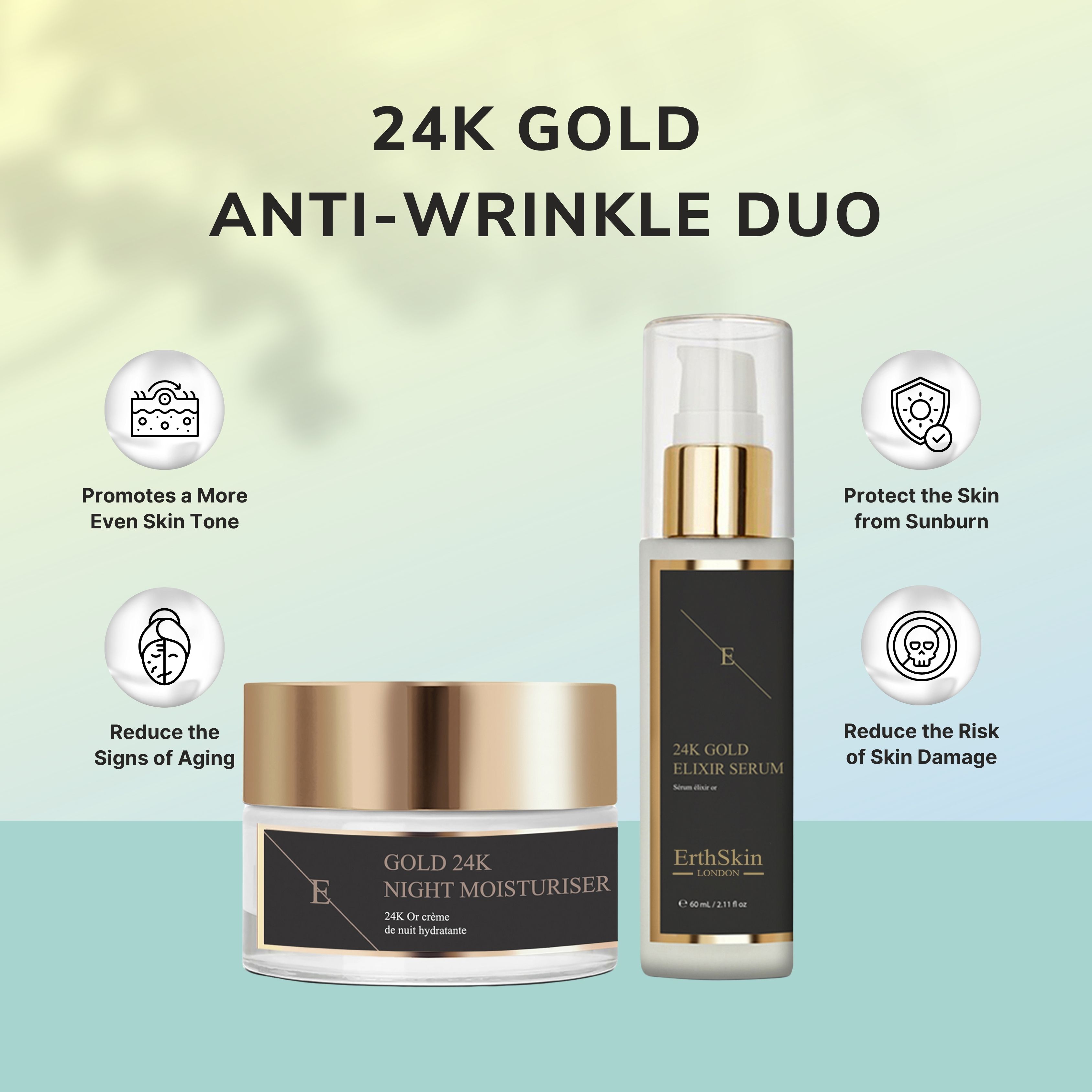 Deux produits cosmétiques: crème de nuit et sérum. Couvercles dorés et étiquettes. Texte: 24K Gold Anti-Wrinkle Duo. ErthSkin London.