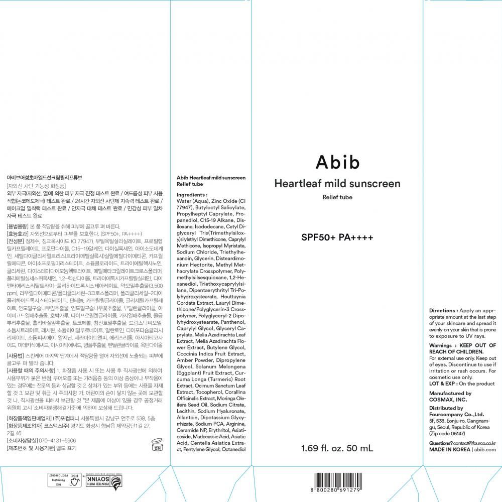 Achterkant van de Abib Heartleaf Mild Sunscreen SPF 50+ PA++++ tube met ingrediënten en gebruiksaanwijzing.