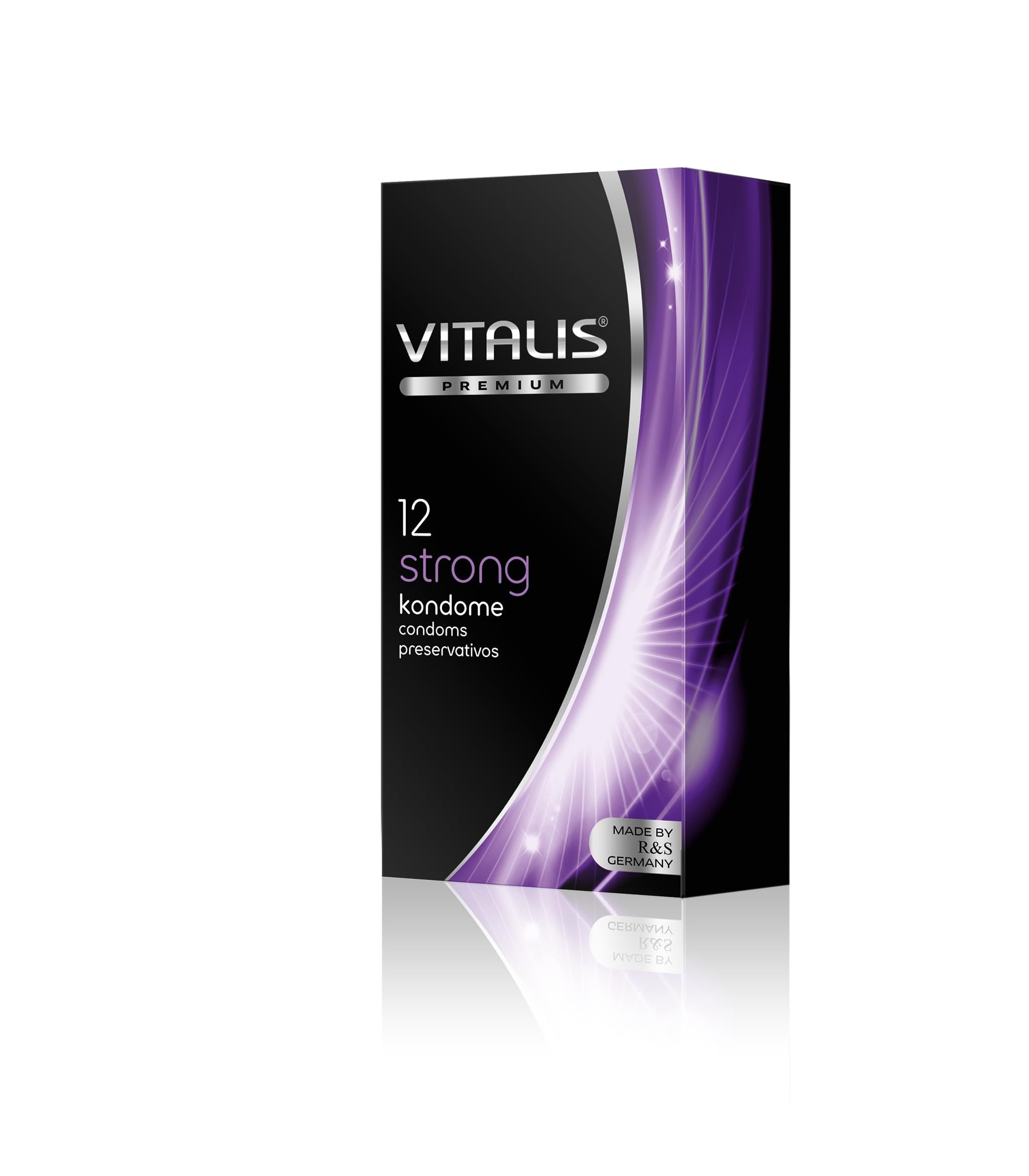 Préservatifs Vitalis PREMIUM Strong, 12 unités. Emballage avec effets lumineux violets et informations produit.
