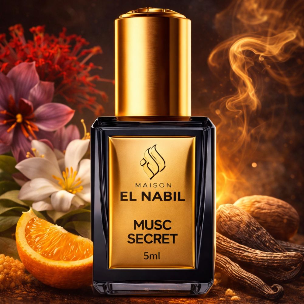 Flacon noir avec bouchon doré. Étiquette dorée avec "MAISON EL NABIL MUSC SECRET 5ml".